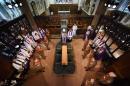 A handout picture released by Leicester Cathedral Quarter Partnership Board taken on March 26, 2015, shows the coffin in the tomb area during the reinterment ceremony of Englandâs King Richard III in Leicester Cathedral in central England