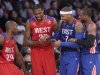 From left, West Team's Kobe Bryant, Kevin Durant, East Team's Carmelo Anthony and Dwyane Wade laugh during the first half of the NBA All-Star basketball game Sunday, Feb. 17, 2013, in Houston. (AP Photo/Eric Gay)