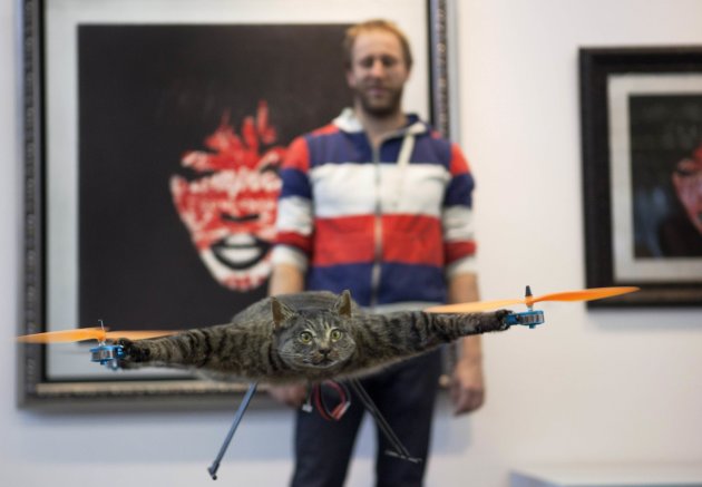 The Orvillecopter by Dutch artist Jansen flies in a gallery during the KunstRAI art festival in Amsterdam
