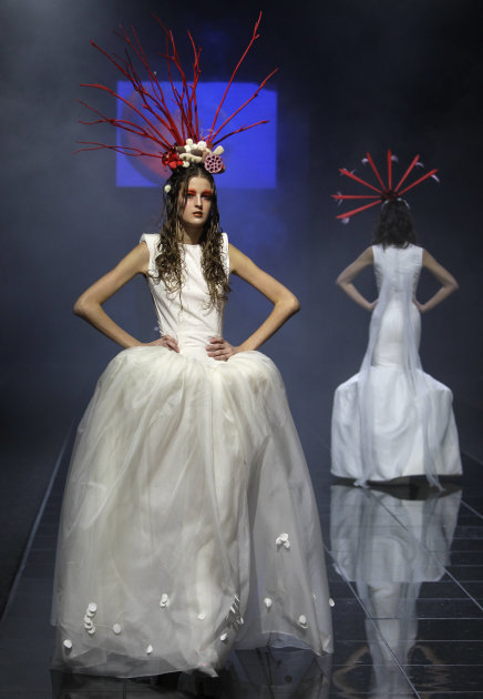 A model displays a creations by Kute during the Volvo Fashion Week in Moscow, Russia, Saturday, Oct. 29, 2011. (AP Photo/Misha Japaridze)