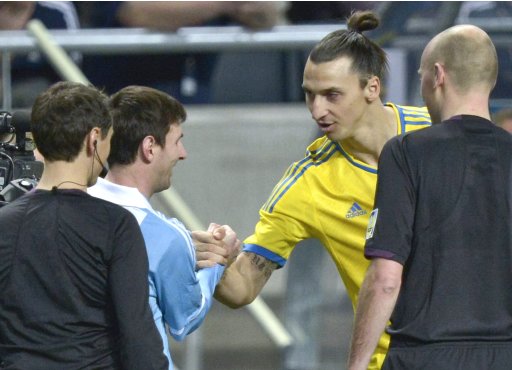 Argentina's Lionel Messi and Sweden's Zlatan Ibrahimovic shake hands before an international friendly match at Friends Arena in Stockholm
