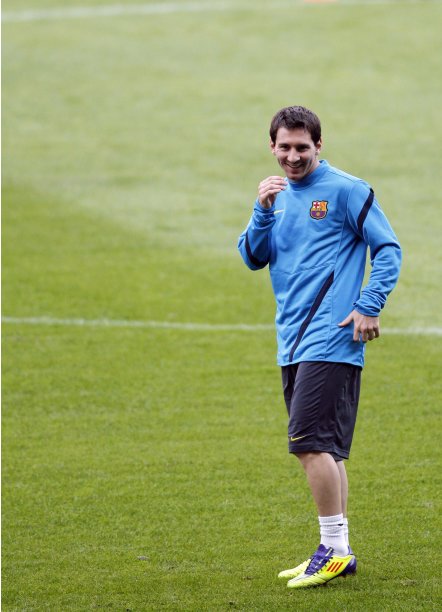 Barcelona's Lionel Messi attends a training session at Camp Nou stadium in Barcelona