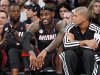 Heat's James reacts next to Wade and Battier during their loss to the Knicks in New York