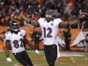 Baltimore Ravens wide receiver Jones celebrates his fourth quarter touchdown against the Denver Broncos with teammate Smith in their NFL AFC Divisional playoff football game in Denver