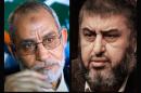 COMBO - This combination of two file photographs shows Muslim Brotherhood leader Mohammed Badie, left, on Tuesday, Oct. 26, 2010 and his deputy Khairat el-Shater, right, on Tuesday, Jan. 24, 2012. Egypt's top prosecutor on Sunday, March 29, 2015 has named 18 Muslim Brotherhood members, including Badie and el-Shater, as terrorists in the first implementation of an anti-terror law passed earlier this year. (AP Photo)