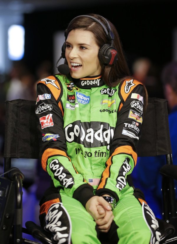 Patrick laughs at a question during an interview at NASCAR auto racing ...