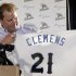 Roger Clemens holds up his new jersey during a news conference officially announcing his signing with the Sugar Land Skeeters baseball team Tuesday, Aug. 21, 2012, in Sugar Land, Texas. Clemens, a seven-time Cy Young Award winner, signed with the Skeeters of the independent Atlantic League on Monday and is expected to start for the minor league team on Saturday at home against Bridgeport. (AP Photo/David J. Phillip)