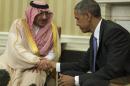 US President Barack Obama shakes hands with Saudi Crown Prince Mohammed bin Nayef in the Oval Office on May 13, 2015