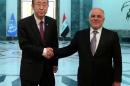 Picture released by the Iraqi Prime Minister's office on March 30, 2015 shows Iraqi Prime Minister Haider al-Abadi (R) with Secretary-General of the United Nations, Ban Ki-moon, in the Iraqi capital Baghdad