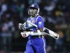 Sri Lanka's captain Jayawardene reacts he walks off the field after his dismissal during the Twenty20 match against India in Pallekele