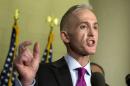 House Select Committee on Benghazi chairman Rep. Trey Gowdy, R-S.C. speaks to reporters at the conclusion of his committee's hearing with former Secretary of State Hillary Rodham Clinton on Capitol Hill in Washington, Thursday, Oct. 22, 2015. (AP Photo/Manuel Balce Ceneta)