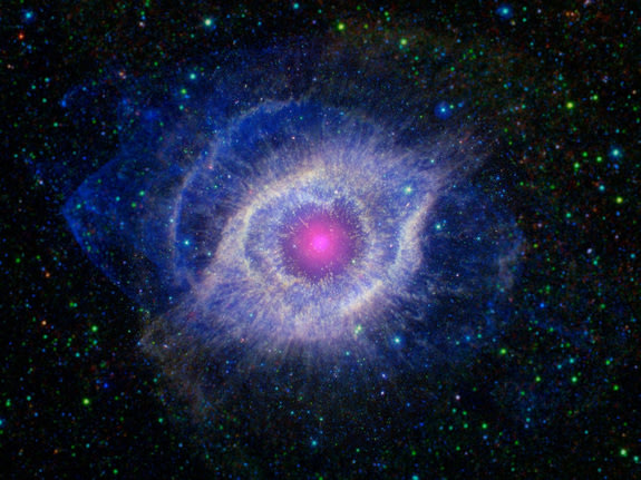 This object, called the Helix nebula, lies 650 light-years away, in the constellation of Aquarius.