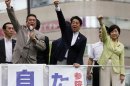 Japan's PM Abe, who is also leader of the ruling LDP, raises his fist with his party members at the start day of campaigning for the July 21 Upper house election in Tokyo