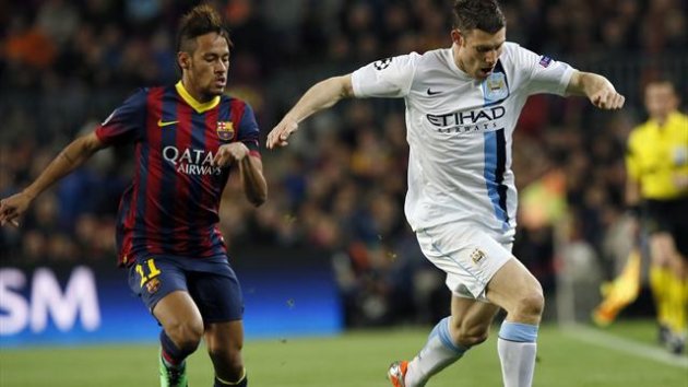 Barcelona's Neymar (L) challenges Manchester City's James Milner during their Champions League last 16 second leg (Reuters)