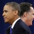 Republican presidential candidate, former Massachusetts Gov. Mitt Romney and President Barack Obama walks past each other on stage at the end of their last debate at Lynn University, Monday, Oct. 22, 2012, in Boca Raton, Fla. (AP Photo/Pablo Martinez Monsivais)