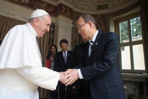 Pope Francis shakes hands with U.N. Secretary-General &hellip;