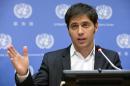Argentine Economic Minister Axel Kicillof speaks during a news conference at United Nations headquarters, Wednesday, June 25, 2014. The winners of a decade-long debt battle asked a U.S. judge on Tuesday to deny Argentina's request for more negotiating time to avoid a catastrophic default. (AP Photo/John Minchillo)