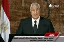 This image made from video broadcast on Egyptian state television show's Egypt's interim President Adly Mansour making his first address to the nation since taking his post after the ouster of Islamist President Mohammed Morsi, in Cairo, Egypt, Thursday, July 18, 2013. Egypt's interim leader vowed to protect the country from those who push for chaos and violence.(AP Photo/Egyptian State Television)