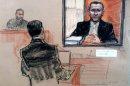 In this pool photo of a sketch by courtroom artist Janet Hamlin and reviewed by the U.S. Department of Defense, U.S. Navy Cmdr. Walter Ruiz, right, defense lawyer of co-defendant Mustafa Ahmad al-Hawsawi, asks questions via video conference to retired U.S. Navy Vice Admiral Bruce MacDonald, center, who last served as the 40th Judge Advocate General of the Navy, during the pretrial hearings at the Guantanamo Bay U.S. Naval Base in Cuba, Monday, June 17, 2013. Five Guantanamo Bay prisoners accused of helping orchestrate the Sept. 11 terrorist attacks returned to court Monday as arguments resumed over the preparations for a trial that remains distant. (AP Photo/Janet Hamlin, Pool)