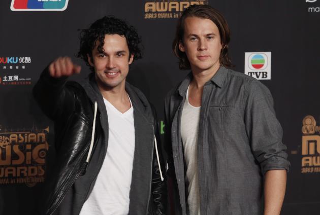 Brothers Vegard and Bard Ylvisaker of Norwegian comic duo YLVIS pose at the red carpet during Mnet Asian Music Awards in Hong Kong