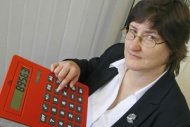 Woman with gigantic red calculator