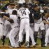 Detroit Tigers celebrate winning Game 4 against the New York Yankees in their MLB ALCS baseball playoff series in Detroit