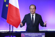 <p>               French President Francois Hollande gestures as he delivers a speech at the beginning of a social conference with unions and employers, at the Economic, Social and Environmental Council of France (CESE) headquarters in Paris, Monday July 9, 2012. (AP Photo/Thibault Camus, Pool)