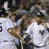 New York Yankees Robinson Cano celebrates second two-run home run against Boston Red Sox in MLB game in New York