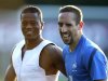 France's soccer players Evra and Ribery attend a training session at the team's training center in Kircha near Donetsk during the Euro 2012
