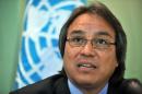 United Nations Special Rapporteur on the rights of indigenous peoples James Anaya, speaks at a press conference on June 18, 2010, in Guatemala City