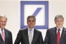 Jain and Fitschen designated co-successors of Ackermann outgoing CEO of Deutsche Bank AG pose for a picture prior to the bank's annual shareholders meeting in Frankfurt
