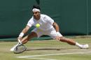Fabio Fognini of Italy plays a return to Kevin Anderson of South Africa uring their men's singles match at the All England Lawn Tennis Championships in Wimbledon, London, Friday, June 27, 2014. (AP Photo/Ben Curtis)
