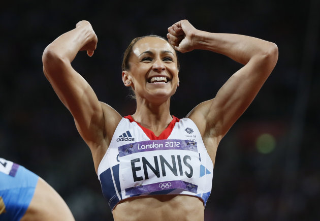Britain's Jessica Ennis celebrates finishing second in the women's heptathlon 200m heat 5 at the London 2012 Olympic Games at the Olympic Stadium