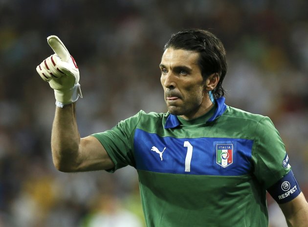 Italy's goalkeeper Buffon reacts during penalty shoot-out at their Euro 2012 quarter-final soccer match against England at Olympic Stadium in Kiev