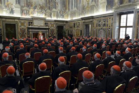 Pope Benedict XVI addresses during the last meeting with the Cardinals at the Vatican, February 28, 2013. REUTERS/Osservatore Romano