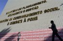People walk past banners hanging on facade of Brazil's Ministery of Planning, Budget, & Management in Brasilia