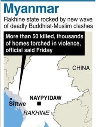 Map locating Rakhine state, where recent fighting between Buddhists and Muslims has claimed over 50 lives