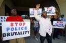 Protestors gesture and hold signs during a protest against what demonstrators call police brutality in McKinney, Texas