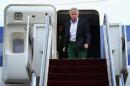 US Secretary of Defense Chuck Hagel arrives at Yokota Air Force Base in Fussa, Japan on April 5, 2014