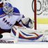 New York Rangers goalie Henrik Lundqvist (30), from Sweden, stops the puck with his skate, in the first period, of Game 7 first-round NHL Stanley Cup playoff hockey series against the Washington Capitals, Monday, May 13, 2013 in Washington. (AP Photo/Alex Brandon)