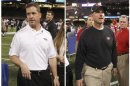 49ers head coach Jim Harbaugh and Baltimore Ravens head coach John Harbaugh are shown in this combo photo at Super Bowl Media Day in New Orleansz