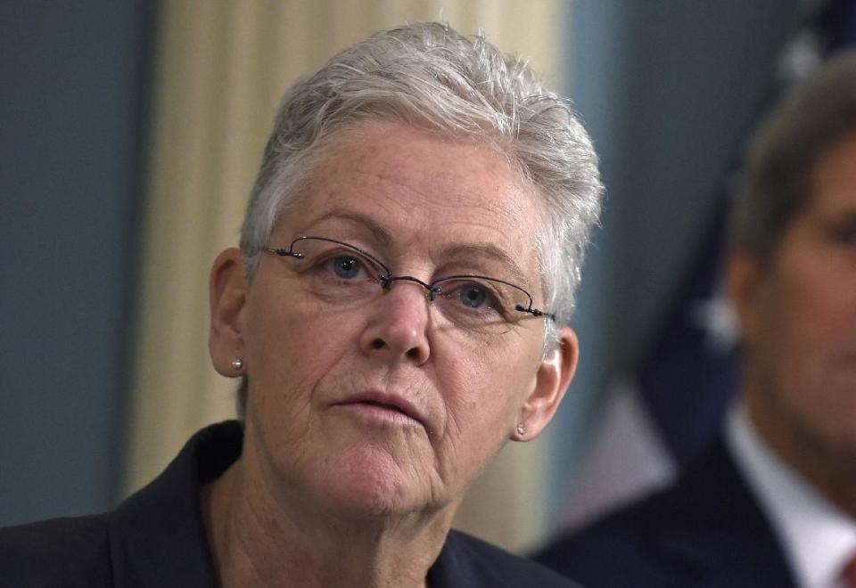 FILE - In this Feb. 18, 2015 file photo Environmental Protection Agency (EPA) Administrator Gina McCarthy speaks at the State Department in Washington...