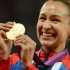 Gold medalist Britain's Jessica Ennis poses on the podium of the heptathlon