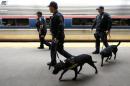 Officials walk with police dogs near a train with people on board at Newark Penn Station, Tuesday, April 22, 2014, in Newark, N.J. Business and political leaders headed to Washington on a trip that was postponed when the New Jersey Chamber of Commerce had to reschedule the annual "walk to Washington" because of a snowstorm in February. (AP Photo/Julio Cortez)