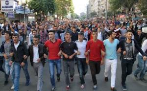 Turkish Kurdish men shout slogans during a protest &hellip;