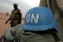The helmet of a Nigerian soldier serving with the United Nations-African Union Mission in Darfur (UNAMID) resting on sandbags anear the mission's Western Sector headquarters in the outskirts of the state capital of west Darfur, el-Geneina