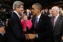 US Secretary of State John Kerry (left) greets US President Barack Obama before the president's State of the Union address on Capitol Hill in Washington, on February 12, 2013
