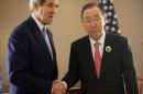 U.S. Secretary of State John Kerry, left, and UN Secretary General Ban Ki-Moon, right, shake hands as they pose for photos before the start of their meeting at Bayan Palace in Kuwait City, Kuwait,Wednesday, Jan. 15, 2014. (AP Photo/Pablo Martinez Monsivais, Pool)