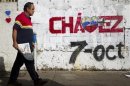 A man walks past a campaign sign of Venezuelan President Hugo Chavez in Caracas