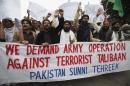 Supporters of Pakistan's religious political party Sunni Tehreek shout slogans as they demand military operation against Taliban, in Pakistan's northwest, during a protest rally in Lahore